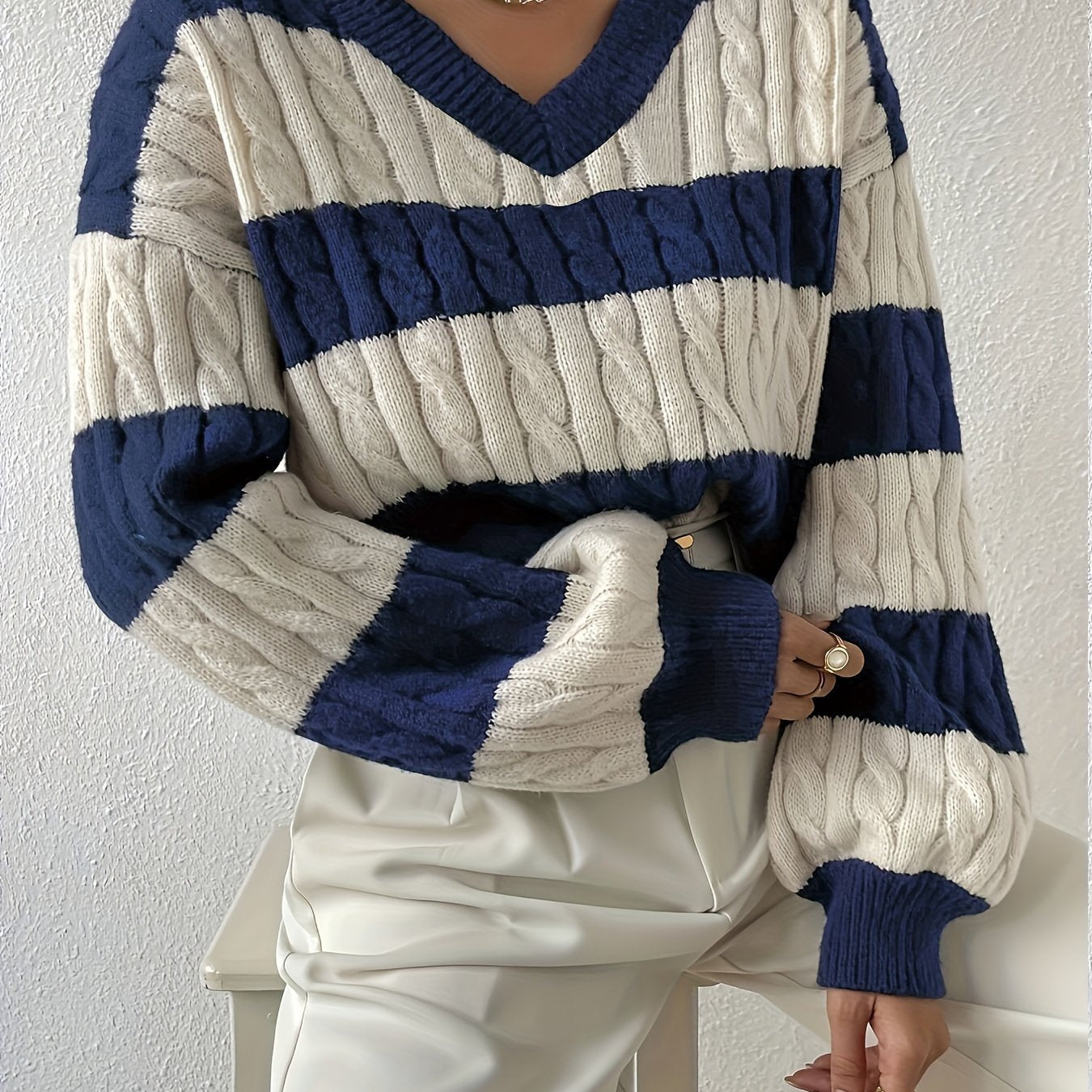 Antmvs Color Block Drop Shoulder Sweater, Casual Long Sleeve Sweater For Fall & Winter, Women's Clothing