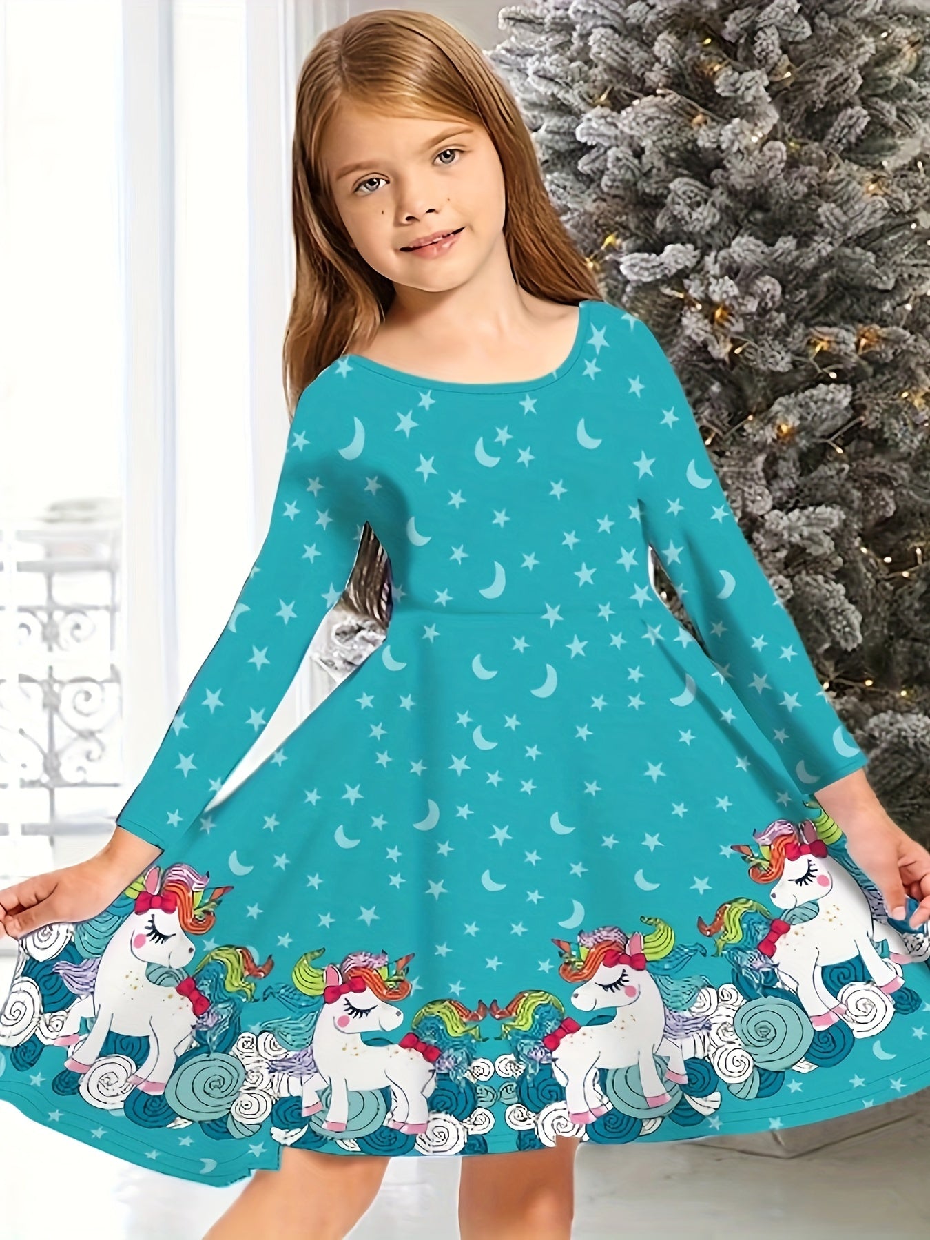 Christmas Party Snowflake Long Sleeve Dress for Girls - 3D Print Graphic, Festive Holiday Outfit, Comfortable Kids Clothes for Winter Season