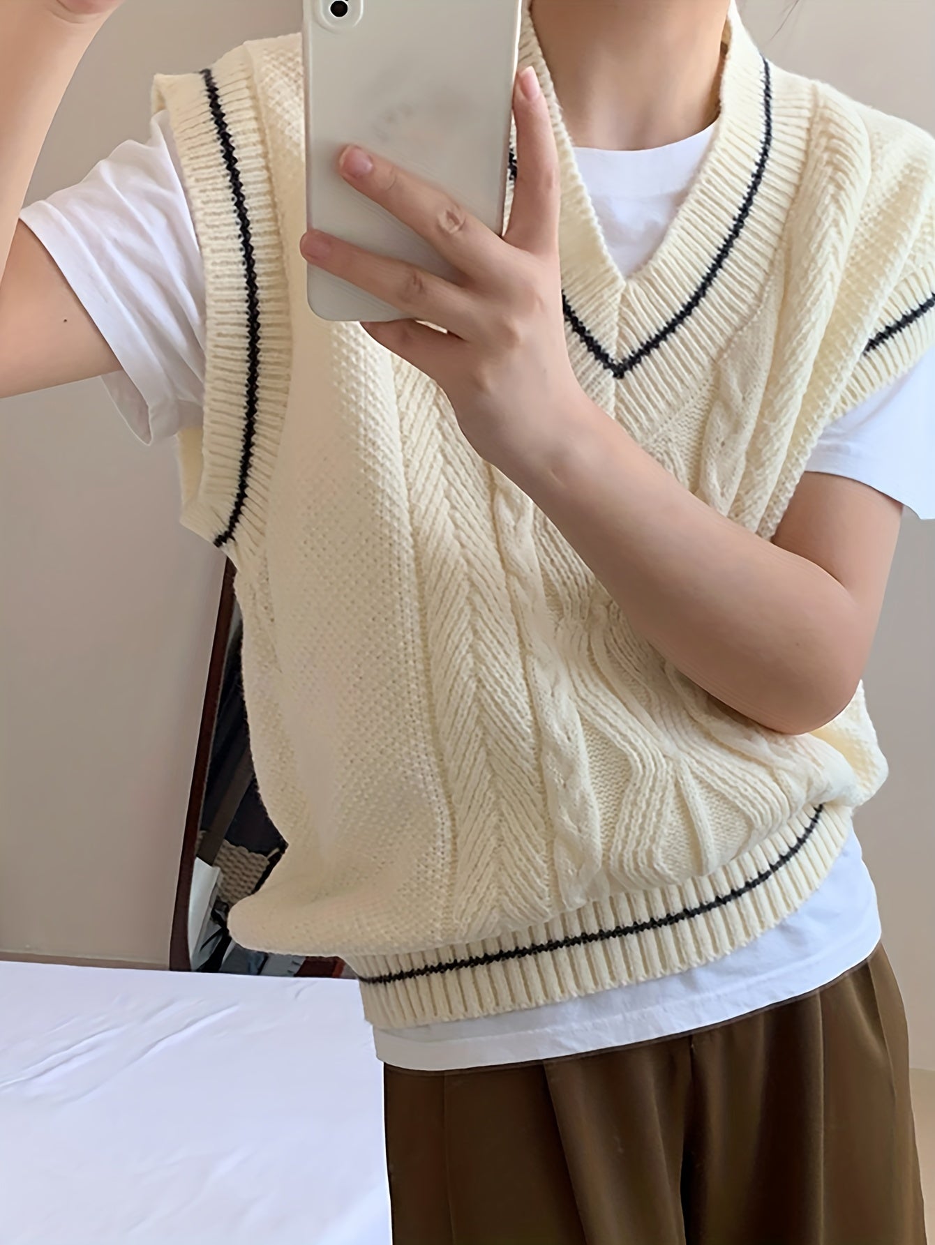 Antmvs Versatile V Neck Cable Knit Vest, Casual Sleeveless Fashion Sweater, Women's Clothing