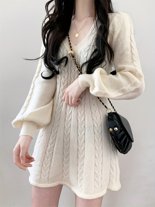 Antmvs Solid Cable Knit Dress, Elegant V Neck Lantern Long Sleeve Dress, Women's Clothing