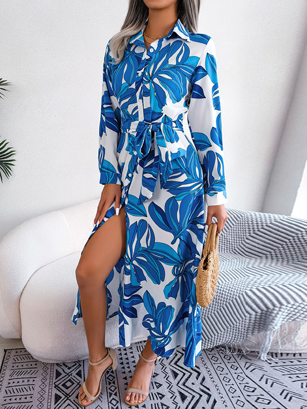 Antmvs Tied Waist Split-Joint Printed Loose Long Sleeves Lapel Shirt Dress