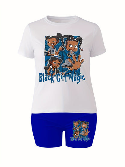 Plus Size Women's 2-Piece Set - Vibrant "Black Girl Magic" Graphic Tee and Matching Blue Shorts - Inspirational Casual Summer Outfit with Relaxed Fit, Breathable Fabric, and Stylish Design for Confident Women