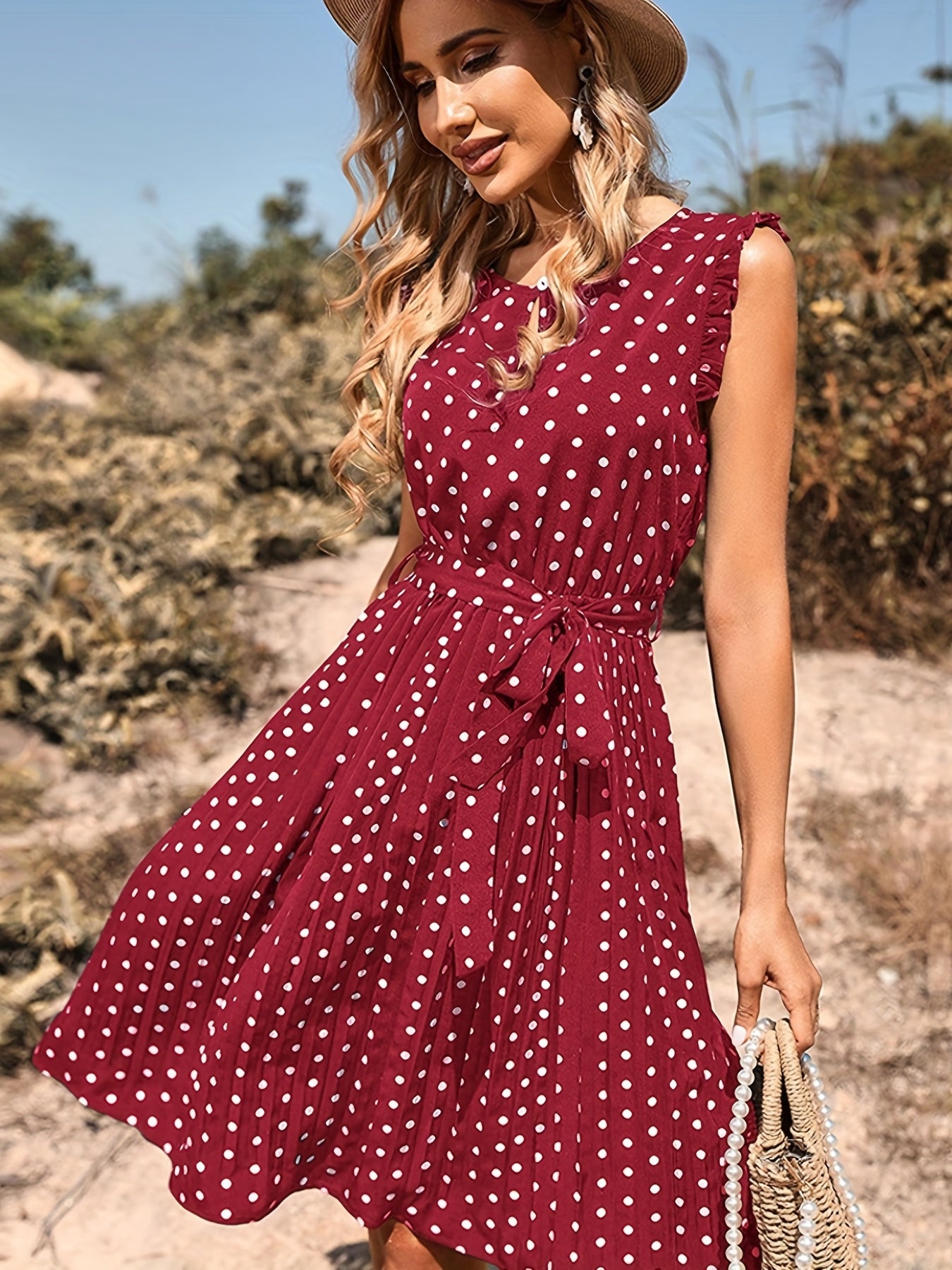 Antmvs Polka Dot Pleated Dress, Casual Keyhole Ruffle Trim Dress, Women's Clothing