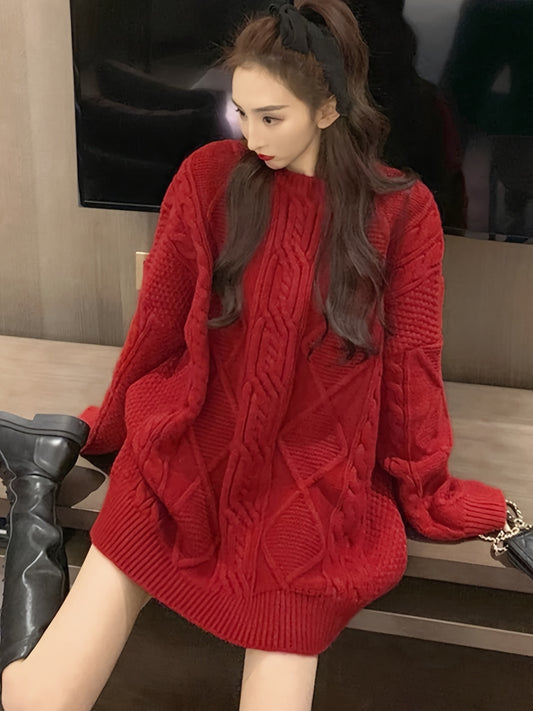 Antmvs Cable Twist Knit Sweater, Casual Long Sleeve Crew Neck Pullover Sweater For Fall & Winter, Women's Clothing