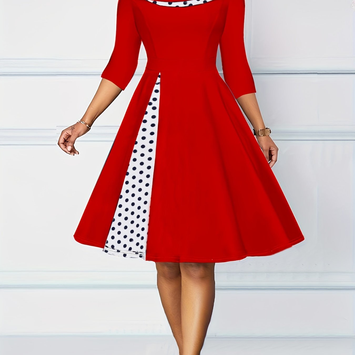 Antmvs A-line Retro Dress, 3/4 Sleeve Polka Dot Casual Dress, Women's Clothing