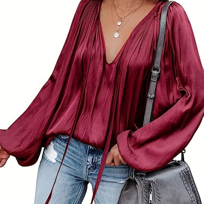 Antmvs  Lantern Long Sleeve Satin Blouse, Elegant V Neck Tops For Spring & Summer, Women's Clothing