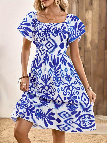 Antmvs Allover Print Shirred Dress, Holiday Dress For Spring & Summer, Women's Clothing