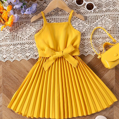 Girls' Elegant Smocked Dress - Charming Bow Belt Detail - Perfect for Summer Parties & Outdoor Events - Chic Sleeveless Cami Style