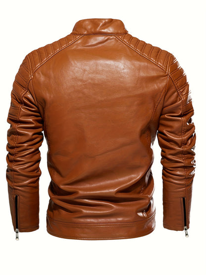 Plus Size Men's Faux Leather Casual Jacket - Quilted Shoulders, Zippered Pockets, Soft Lining, Adjustable Waist, Versatile Design for Everyday Wear - Perfect for Casual Occasions and Outdoor Activities