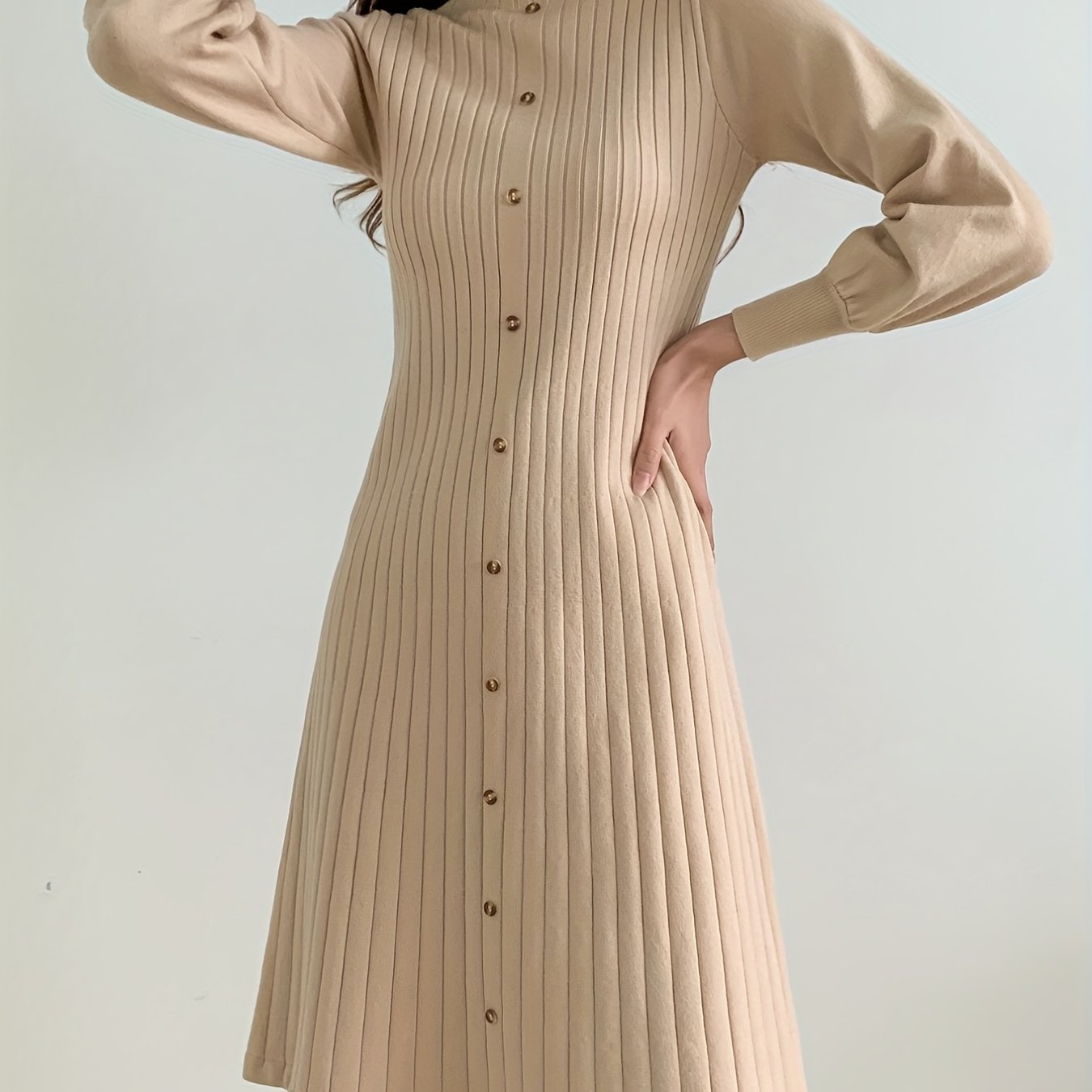 Antmvs Solid Ribbed Dress, Elegant Button Front Long Sleeve Dress, Women's Clothing