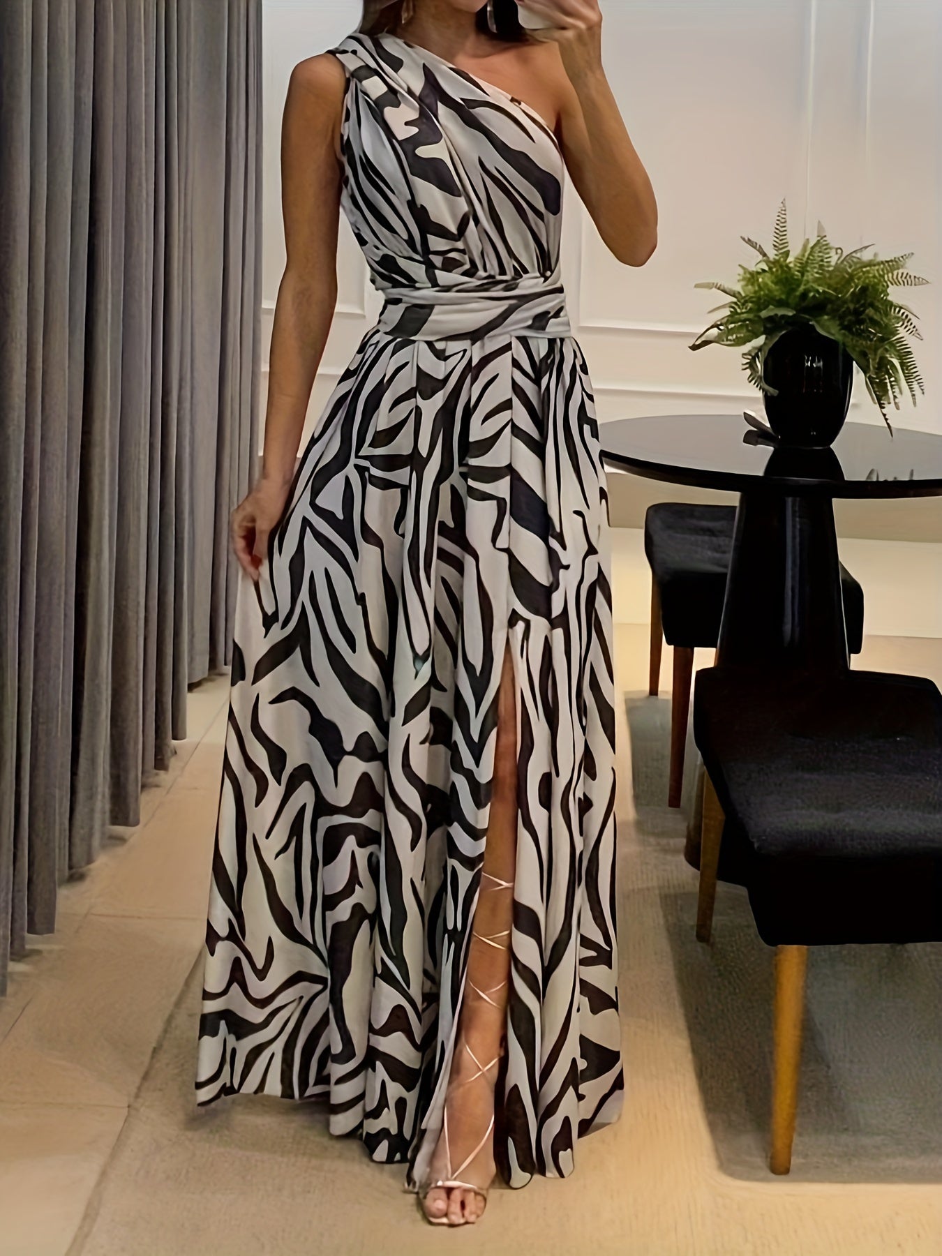 Antmvs Abstract Print One Shoulder Dress, Elegant Backless Sleeveless Maxi Dress, Women's Clothing