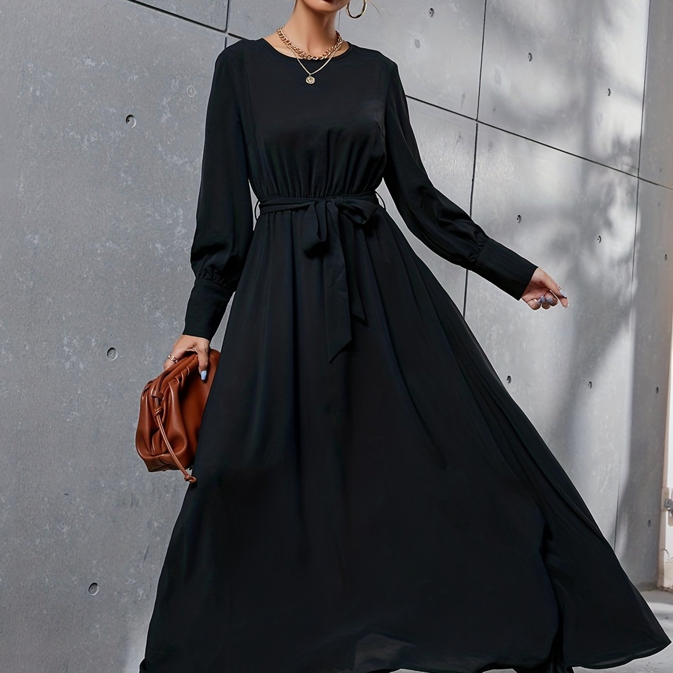 Antmvs Solid Simple Dress, Elegant Crew Neck Long Sleeve Maxi Dress, Women's Clothing