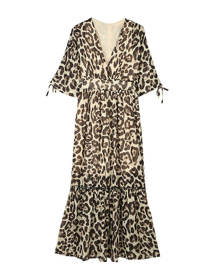Antmvs Split-Joint Leopard Short Sleeves Loose Deep V-Neck Maxi Dresses