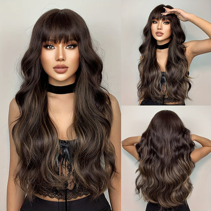 26 Inch Long, Curly Body Wave Brown Black and Light Brown Highlight Wig with Bangs for Women - Elegant, 150% Density, Rose Net Cap, Daily Wear - HAIRCUBE Brand