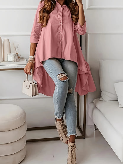 Plus Size Chic Blouse - Flattering Long Sleeves in Timeless Solid Colors, Stylish Button-Up with Fashionable Lapel Collar and Trendy High Low Hem - Designed for Women