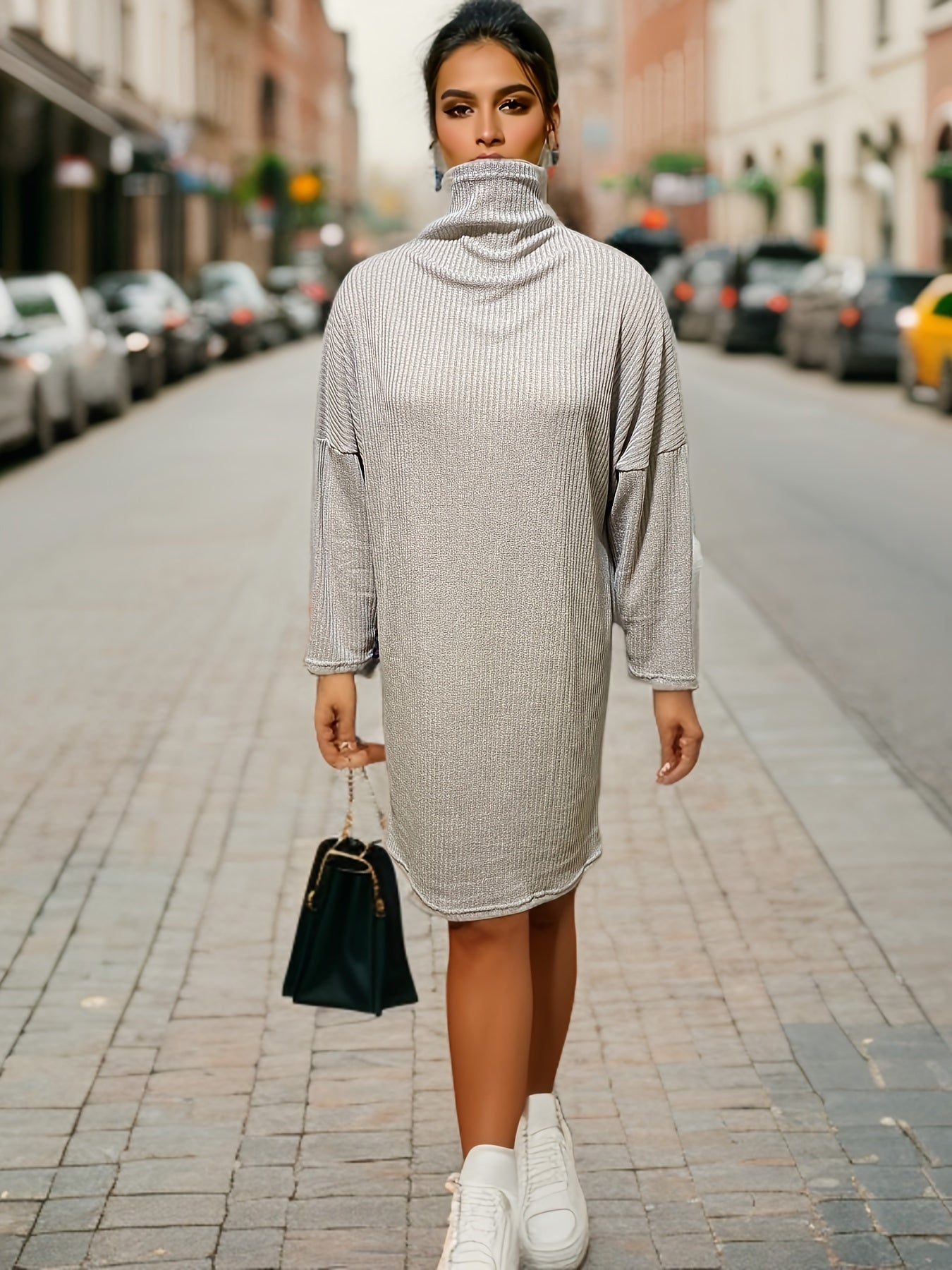 Antmvs Solid Mock Neck Sweater Dress, Casual Long Sleeve Dress, Women's Clothing