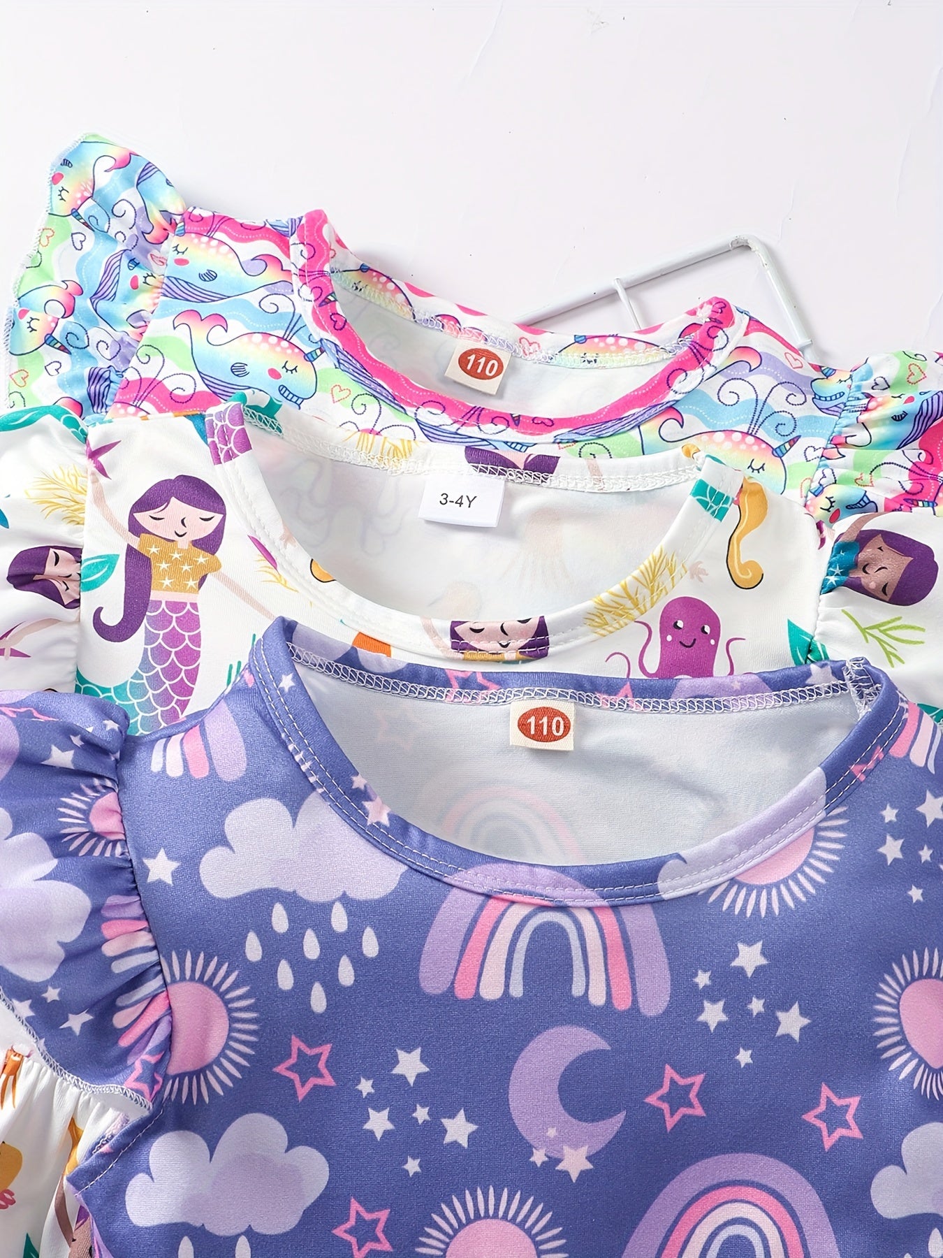 3 Packs Girls Mermaid & Whales & Rainbow Pattern Frill Sleeve Comfy Casual Dresses - Soft Slight Stretch Polyester Fabric, A-Line Fit, Perfect for Summer Holiday Gift