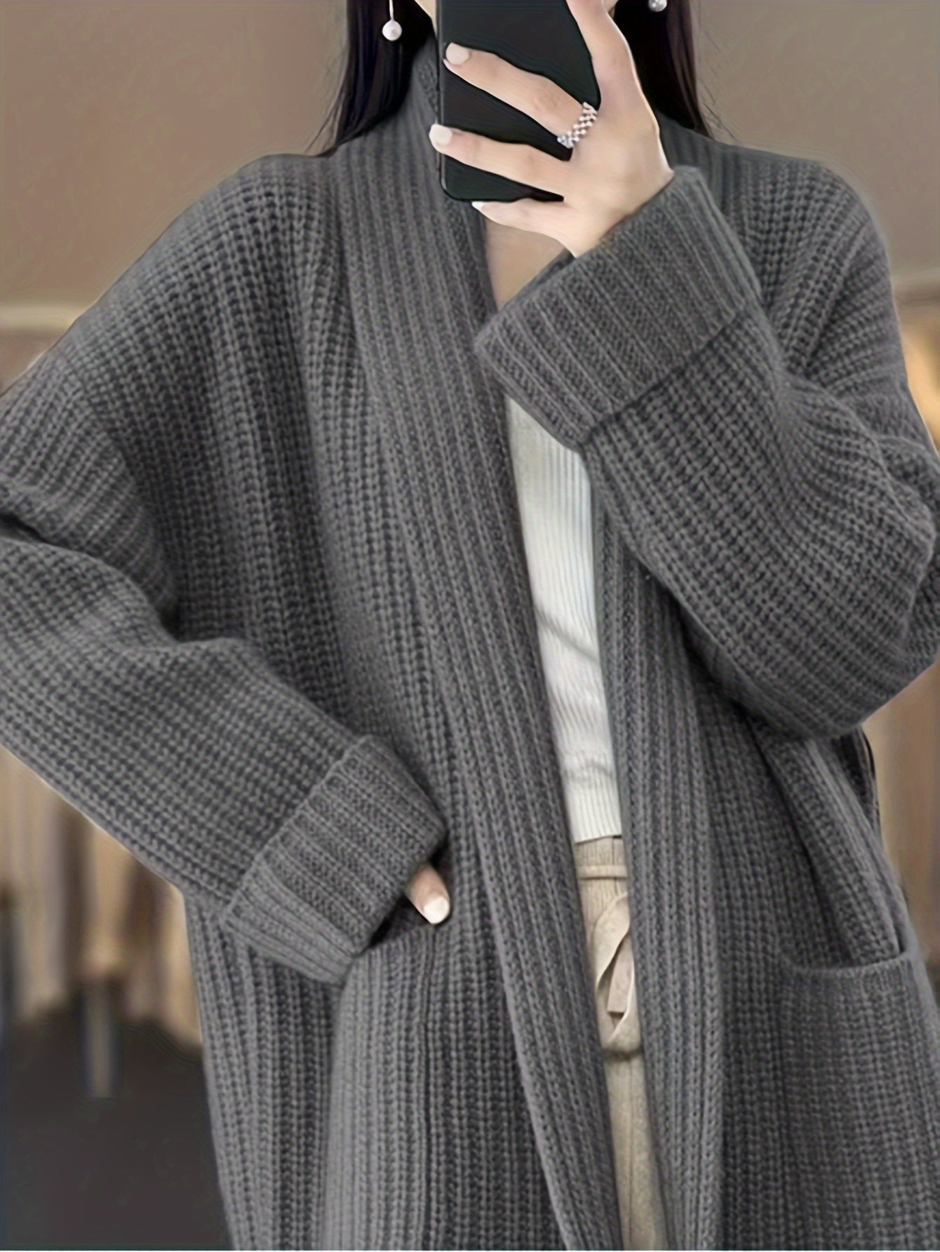 Antmvs Solid Open Front Knit Cardigan, Casual Long Sleeve Oversized Sweater Coat With Pocket, Women's Clothing