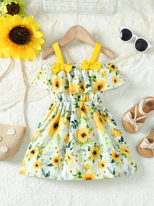 Infant & Toddler's Sunflower All-over Print Dress, Lovely Off-shoulder Dress, Baby Girl's Clothing For Summer