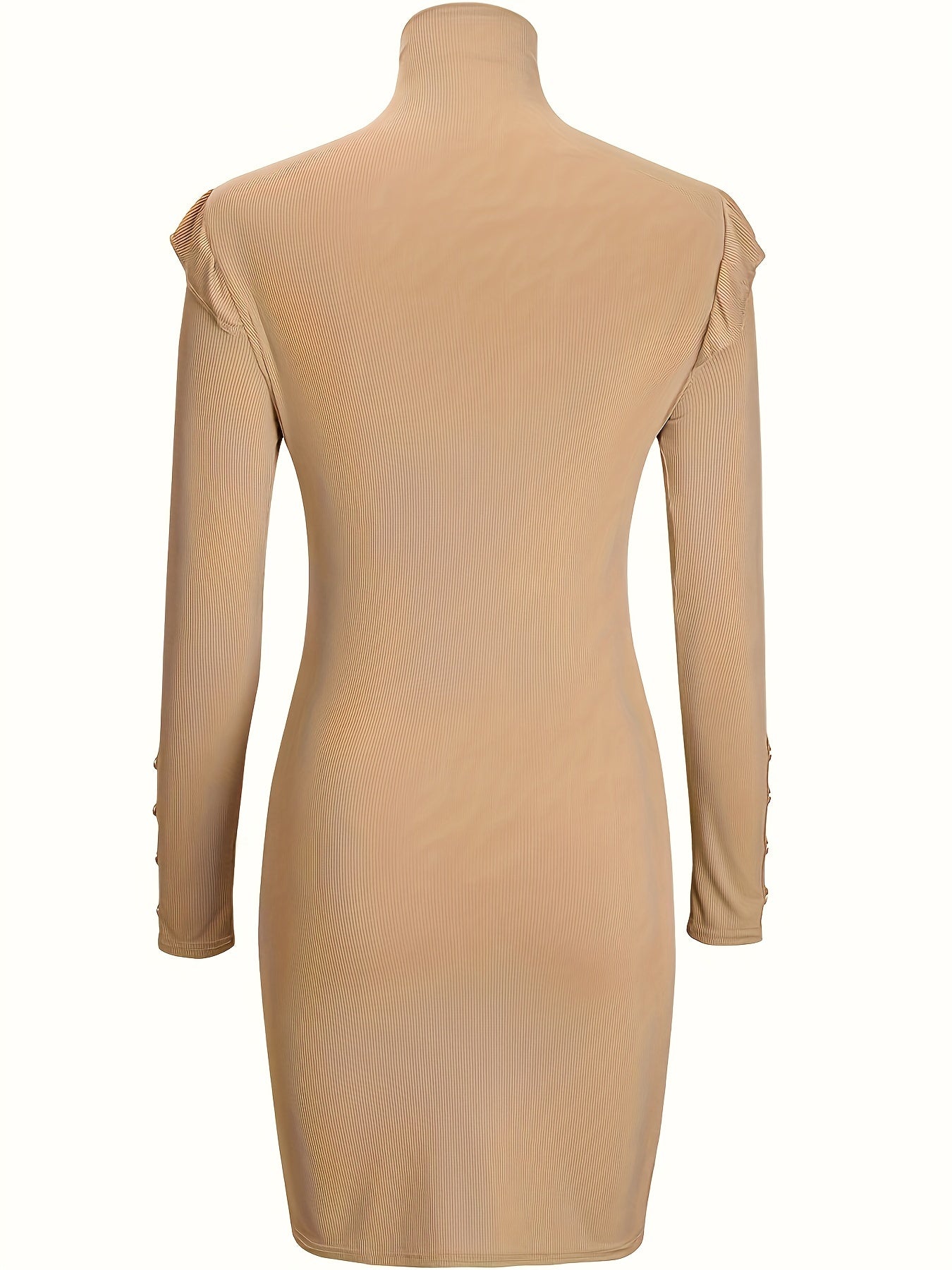 Antmvs Ruffle Trim Bodycon Dress, Elegant Solid Long Sleeve Mock Neck Dress, Women's Clothing