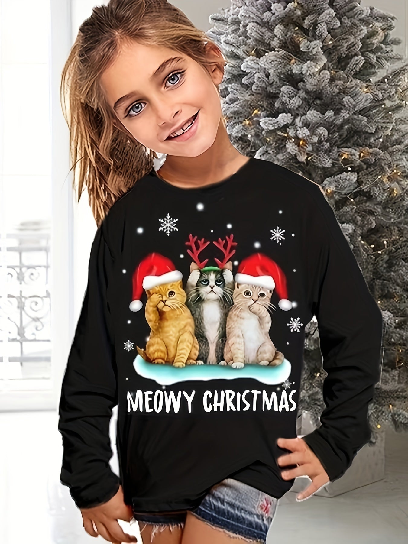 Vibrant Kitty & Reindeer Graphic Long Sleeve T-Shirt for Girls - Soft, Breathable, and Comfortable Fabric - Perfect for Spring, Fall, and Christmas Gift Ideas