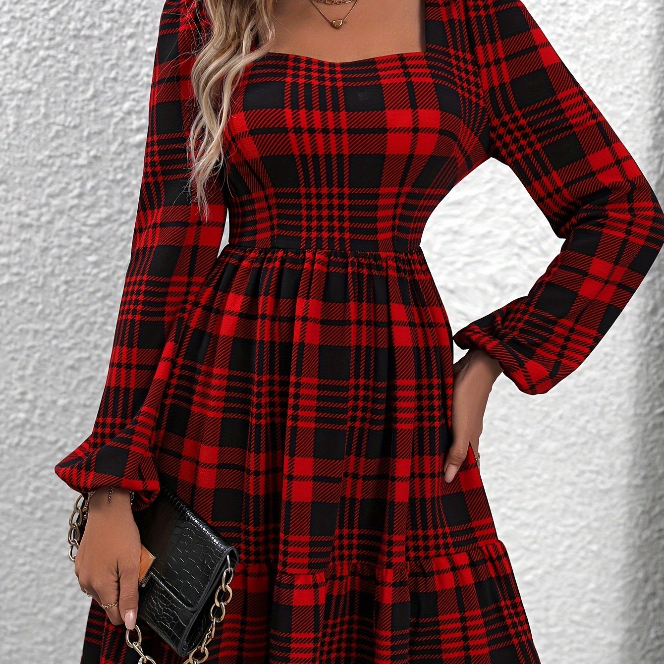 Antmvs Plaid Pattern Square Neck Dress, Vintage Lantern Sleeve Dress For Spring & Fall, Women's Clothing