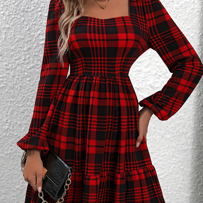 Antmvs Plaid Pattern Square Neck Dress, Vintage Lantern Sleeve Dress For Spring & Fall, Women's Clothing