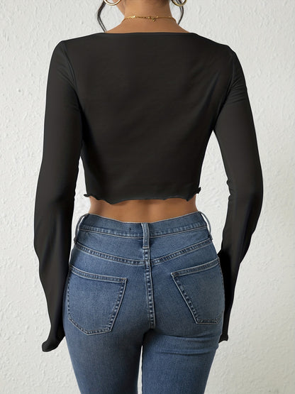 Antmvs Lettuce Trim Twist T-shirt, Sexy Solid Flared Long Sleeve Slim T-shirt, Women's Clothing