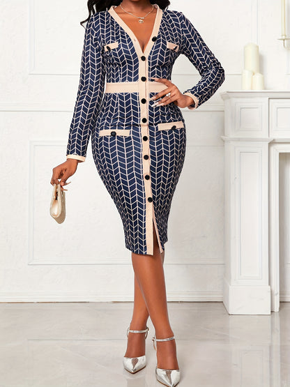 Antmvs Geo Print Bodycon Dress, Elegant Button Front Long Sleeve Dress, Women's Clothing