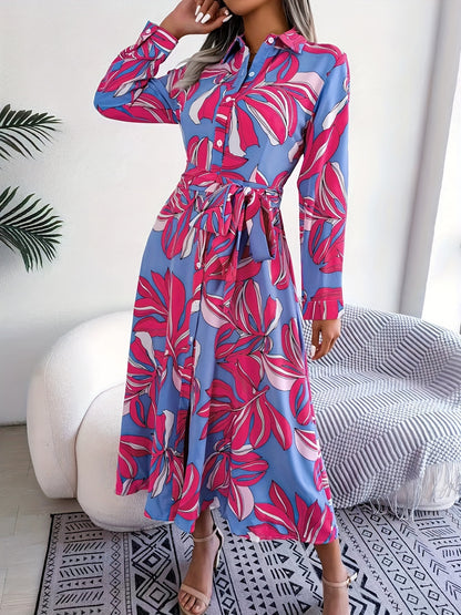 Antmvs Floral Print Button Front Dress, Elegant Long Sleeve Midi Dress, Women's Clothing