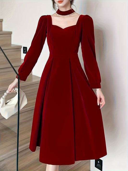 Antmvs Tucked Solid Midi Dress, Elegant Long Sleeve Party Dress, Women's Clothing