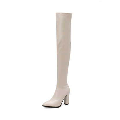 Trendy Womens Solid Color Block Heeled Over The Knee Boots - Smooth Side Zipper, Premium Faux Leather, Ultra-Stylish & Fashion-forward Design