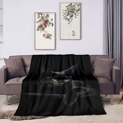 1pc Black Cat Fleece Throw Blanket, Digital Print Flannel For Air Conditioning, Soft And Cozy, Pet Lovers Home Decor For Halloween