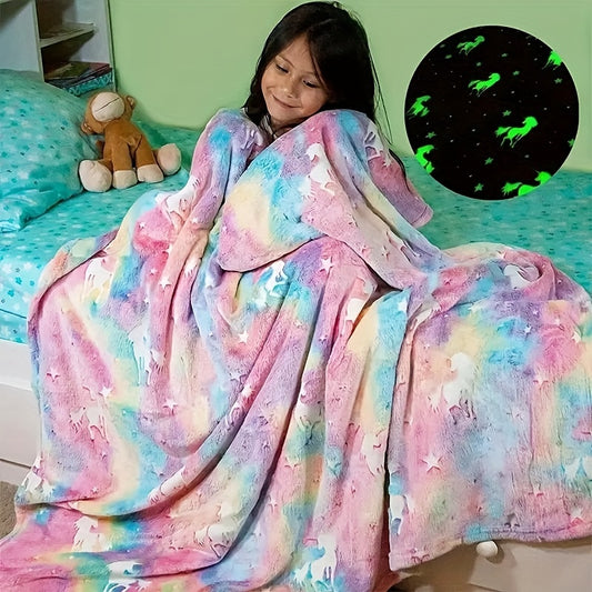 1pc Vibrant Rainbow Unicorn Printed Soft Flannel Throw Blanket - Cozy, Plush, and Versatile for Sofa, Couch, Office, Bed, Camping, and Travel - Perfect Multi-Purpose Gift for All Seasons