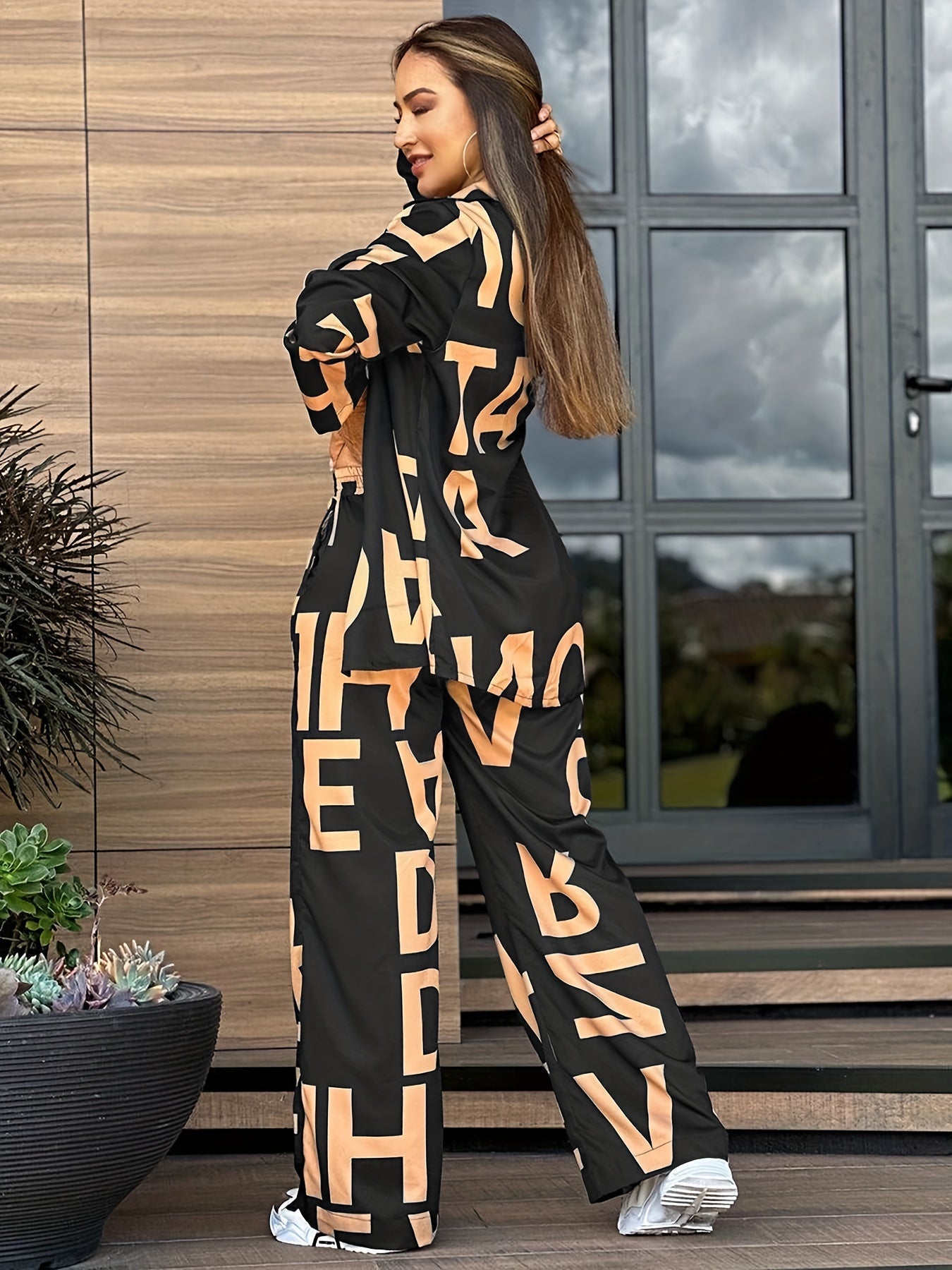 Antmvs Letter Print Casual Two-piece Set, Open Front Long Sleeve Tops & Wide Leg Pants Outfits, Women's Clothing