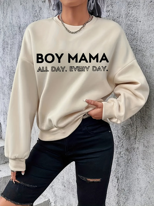 Antmvs Plus Size Casual Tops For Fall & Winter, Women's Plus Letter Print Long Sleeve Crew Neck Pullover Sweatshirt