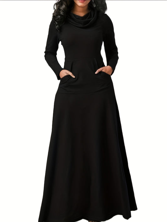 Antmvs Pile Collar Pocket Front Dress, Elegant Long Sleeve Maxi Dress, Women's Clothing