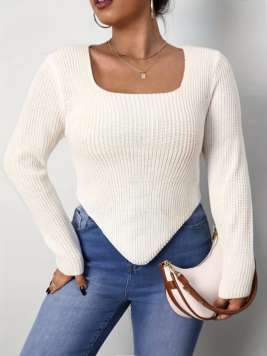 Antmvs Plus Size Casual Knit Top, Women's Plus Solid Long Sleeve Square Neck Bandana Hem Slim Fit Sweater