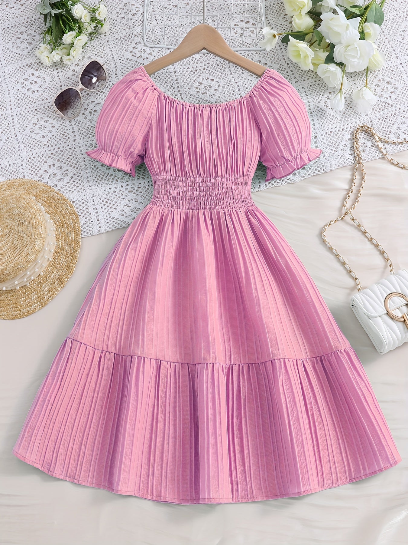 Knee High Girls Elegant Peplum Dress - Shirred, Puff Short Sleeve, Boat Neck, Non-Stretch Polyester, Solid Color, Casual Vacation Dress for Spring and Summer