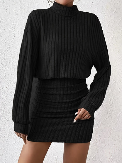 Antmvs Ribbed Knit Long Sleeve Dress, Elegant Turtle Neck Slim Ruched Dress, Women's Clothing