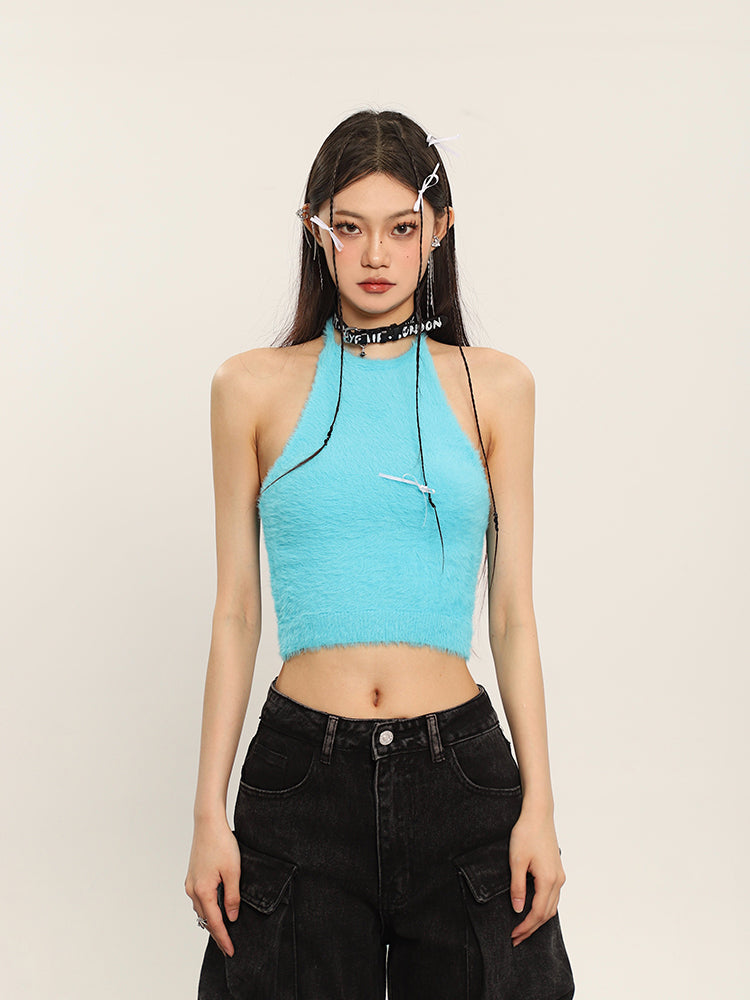 Antmvs Ilas Solid Color Halter Fluff Slim Cropped Top