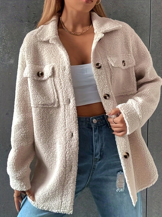 Antmvs Plus Size Cute Winter Coat, Women's Plus Long Sleeve Button Up Teddy Coat With Flap Pockets