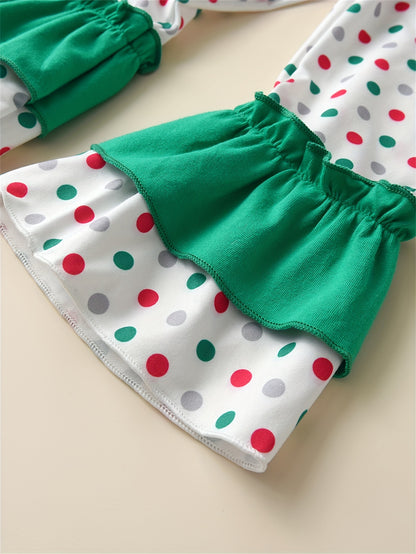 2pcs Girl's Santa Patched Outfit, Peplum Top & Polka Dots Pattern Flared Pants Set, Toddler Kid's Outdoor Clothes For Spring Fall