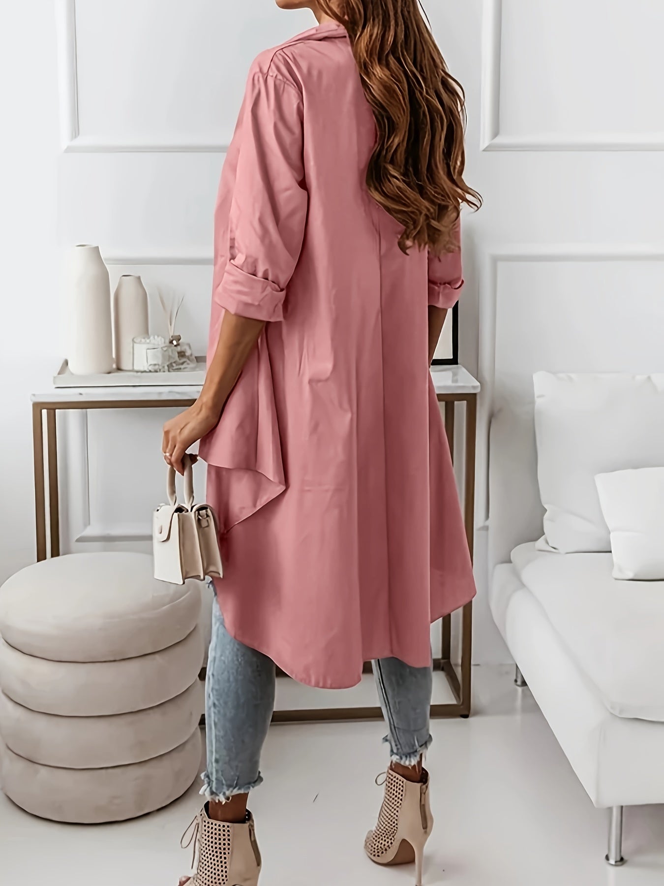 Plus Size Chic Blouse - Flattering Long Sleeves in Timeless Solid Colors, Stylish Button-Up with Fashionable Lapel Collar and Trendy High Low Hem - Designed for Women