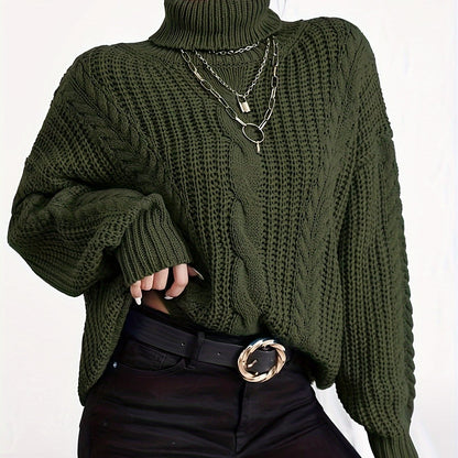 Antmvs Cable Knitted Turtle Neck Sweater, Casual Long Sleeve Sweater For Fall & Winter, Women's Clothing