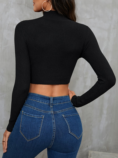 Antmvs Solid Mock Neck Sweater, Elegant Long Sleeve Pullover Crop Sweater, Women's Clothing