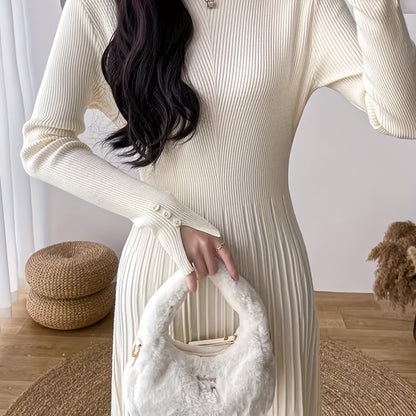 Antmvs Solid Sweater Maxi Dress, Elegant Mock Neck Long Sleeve Dress, Women's Clothing