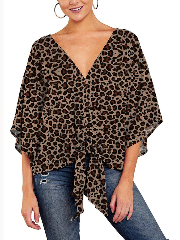 Antmvs Leopard Knot Loose Half Sleeves V-Neck Blouses&Shirts Tops