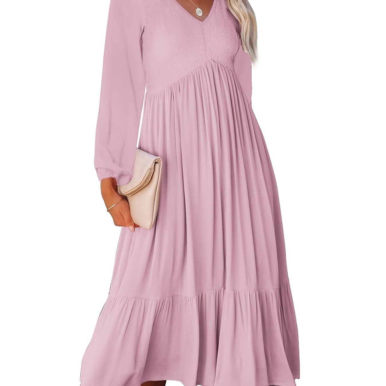 Antmvs Casual Solid Draped Midi Dress, Sexy Long Sleeve V-neck Loose Flowy Swing Babydoll Dresses, Women's Clothing