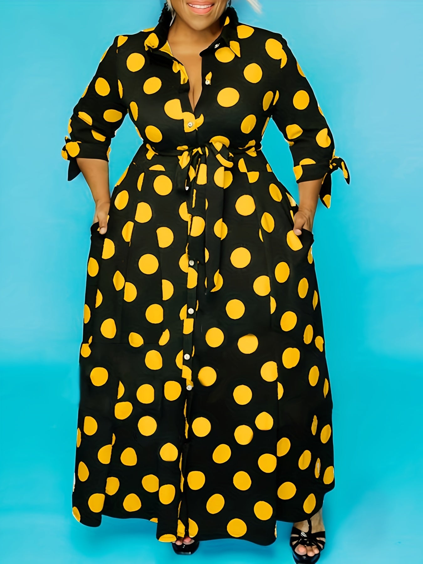 Antmvs Plus Size Elegant Dress, Women's Plus Polka Dots Print Button Up Collared Belted Maxi Dress